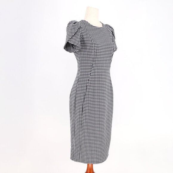CALVIN KLEIN Navy Gingham Check Tulip Sleeve Sheath Dress Size 6 - Picture 3 of 8